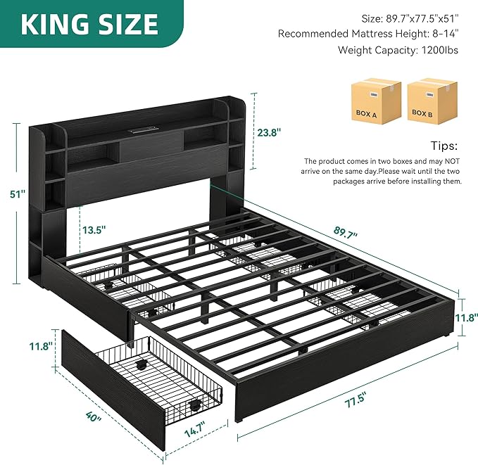 DWVO King Size Bed Frame with Bookcase Headboard and 4 Storage Drawers, RGB LED Bed Frame with Type-C & USB Charging Station Storage Headboard Beds, No Box Spring Needed, Noise Free, Black