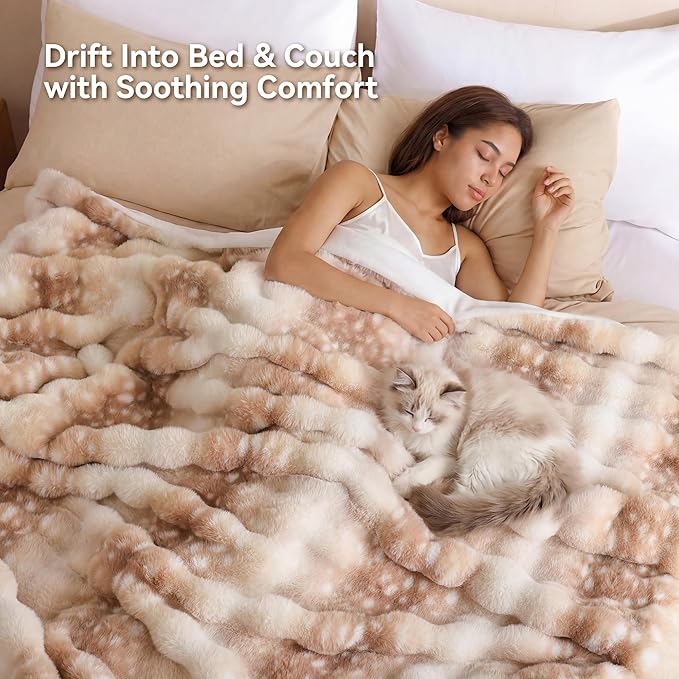 Smoofy Faux Fur Throw Blanket for Couch – Deer Brown Fluffy Cozy Rabbit Fleece, Fawn Print Plush Soft Bubble Blanket for Sofa & Bed, Gifts for Mom, Warm Fuzzy Home Room Decor Throw 50" x 60"
