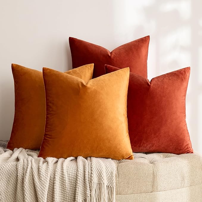 GIGIZAZA Decorative Velvet Pillow Covers - 16x16 Throw Pillows Soft Burnt Orange Covers Accent for Couch Living Room Bed Square Modern Luxury Cushion Covers Home Decor Set of 4