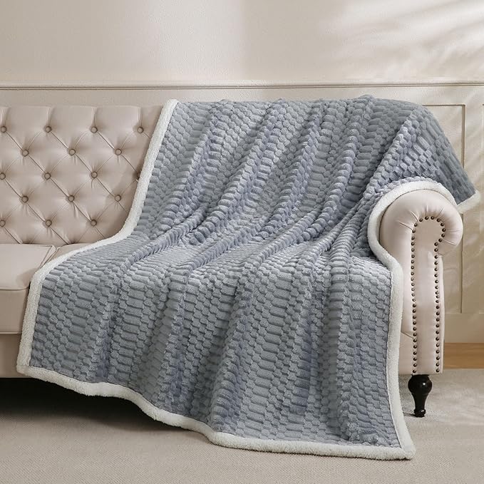 Sherpa Throw Blanket for Couch Flannel Cozy Soft Thick Blanket Warm Twin Blanket for Bed Fleece Home Decor Gifts, Z01 - Grey Blue, 60"*80"