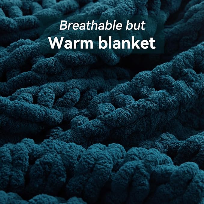 Chunky Knit Throw Blanket, 80''*90'' Knitted Throw Chenille Yarn for Bed Couch, Handmade Peacock Blue Crochet Big Thick Blanket, Machine Washable Cute Comfy Blanket for Home Decor