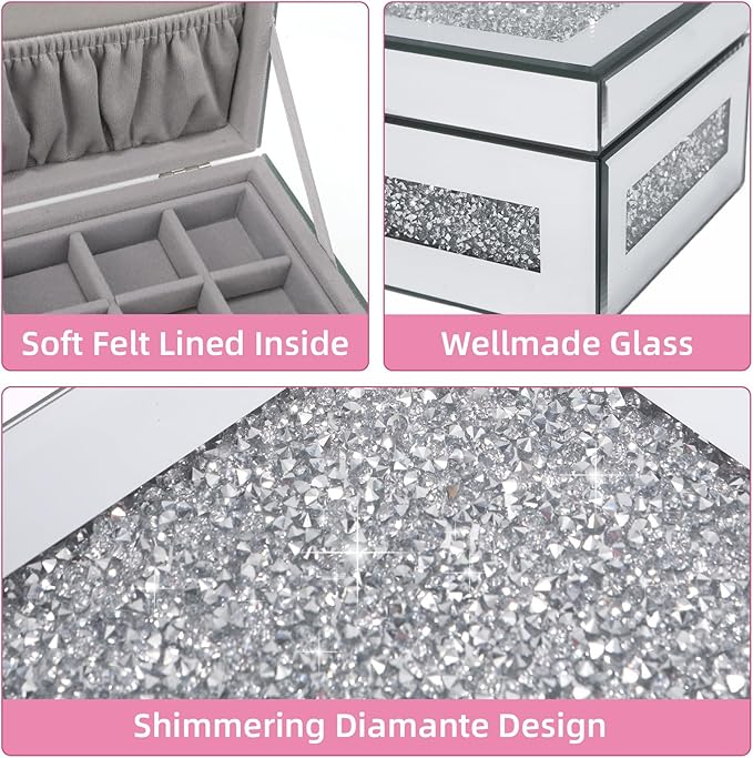 Glam Rhinestone Crystal Silver Glass Jewelry Box, Sparkly Blinged Out Mirror Jewelry Box for Women, Elegant Jewel Box for Romantic Gifting & Decorative Storage