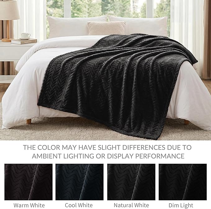 Exclusivo Mezcla Fleece Throw Blanket for Couch, Cozy Lightweight Blankets for All Season, Decorative Giftable Fuzzy Plush Wave Textured Throws for Women, Men, Black, 50x70 Inches