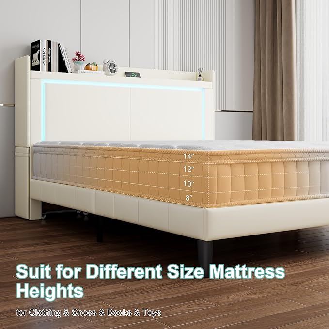 Queen PU Upholstered LED Bed Frame with Rolling Storage Nightstands, Bed Frame Queen Size with Charging Station, Wooden Slats Support, No Box Spring Needed, Noiseless, Beige White