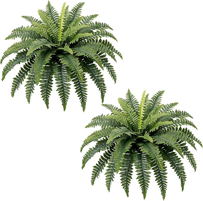 Fake Ferns, 35IN Large Fake Bush Plants, 2 Artificial Boston Ferns with 39 Fronds for Outdoor Hanging Planter Garden Porch Entrance Home Decor