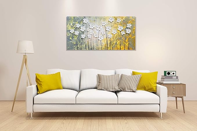 SYGALLERIER White Flower Canvas Wall Art Hand Painted Heavy Textured Paintings Yellow and White Pictures Contemporary Artwork for Living Room Bedroom Dinning Decor