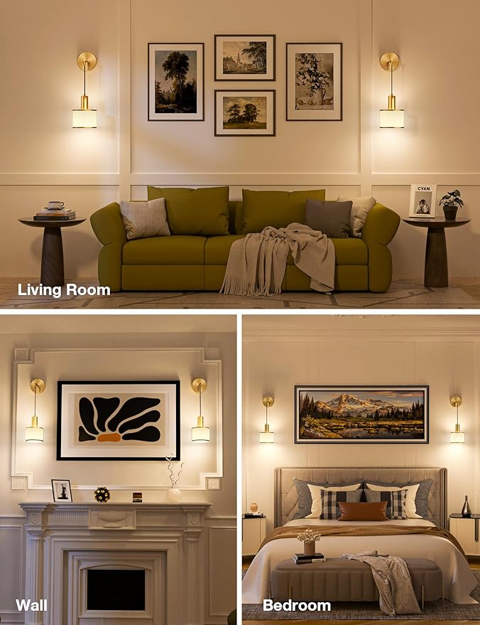 NIORSUN Battery Operated Wall Sconce Set of 2, Gold & Off-White Wireless Rechargeable Wall Lights with 5200mAh Dimmable Detachable Bulbs and Remote, 9 Colors Sconces Wall Decor for Bedroom Living Room