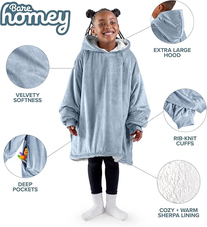 Bare Home Wearable Blanket Hoodie - Soft Plush Sherpa - Warm and Cozy - Oversized Wearable Blanket - Adult & Kid Sizes