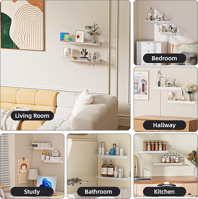 2-Piece Glossy White Metal Floating Shelves - Aluminum Alloy Wall Mounted Shelf No Drilling, Rust-Proof, 15.7" Width for Home Decor & Storage in Living Room, Bedroom, Bathroom