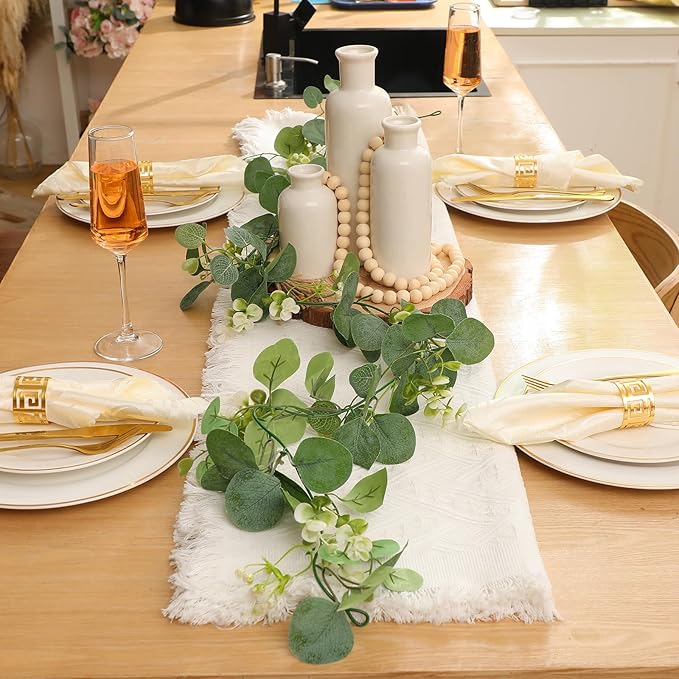 Geelin 6 Pcs Boho Rustic Table Centerpieces, 3 Modern Ceramic Vases, Wooden Slice Tray, Farmhouse Wood Beads Garland with Tassel, Artificial Vines for Dining Home Table Decor(White)