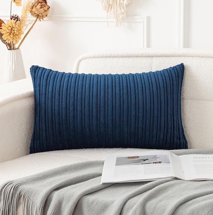 UGASA Velvet Soft Solid Corduroy Striped Decorative Throw Pillow Covers Set Cushion Case for Sofa/Bedroom/Car, 1 Pc, 12x20 Inch, Navy Blue
