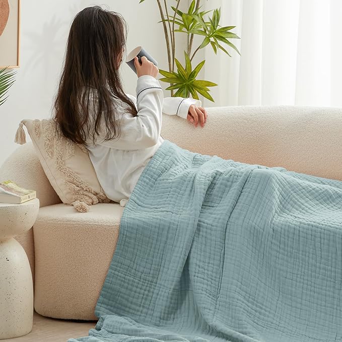 Love's cabin 100% Cotton Muslin Blanket, 6 Layer Lightweight Breathable Gauze King Size Blanket 108 x 90 Inches, Soft Summer Blanket for Bed, Cyan