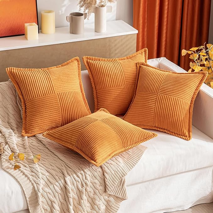 MIULEE Burnt Orange Decorative Lumbar Throw Pillow Covers for Couch Bed Livingroom 12x20 Inch Set of 2 Boho Accent Throw Pllows Broadside Striped Patchwork Soft Corduroy Pillowcases