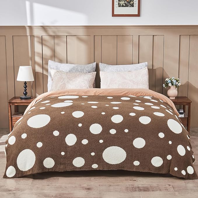 CozeCube Super Soft Fullfy Microfiber Reversible Knitted Blankets, Warm Cozy Fuzzy Plush Throw, Dark Brown and White Polka Dot Throw Blanket for Couch Bed Sofa, 60" x 80"