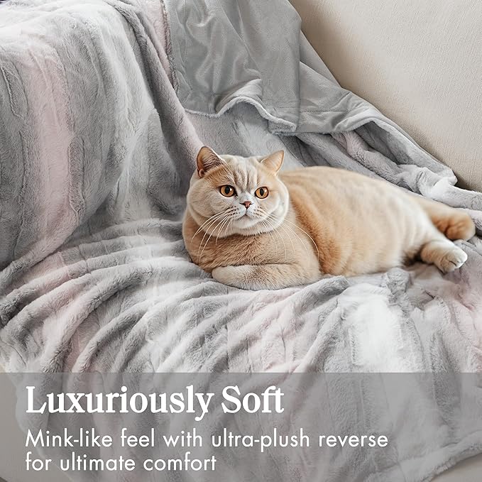 Madison Park Soft Faux Fur Blanket, Plush Reversible Throw for Home Decor, Luxuriously Soft All Seasons Fuzzy & Cozy Knitted Throw, 50x60 Blush/Grey
