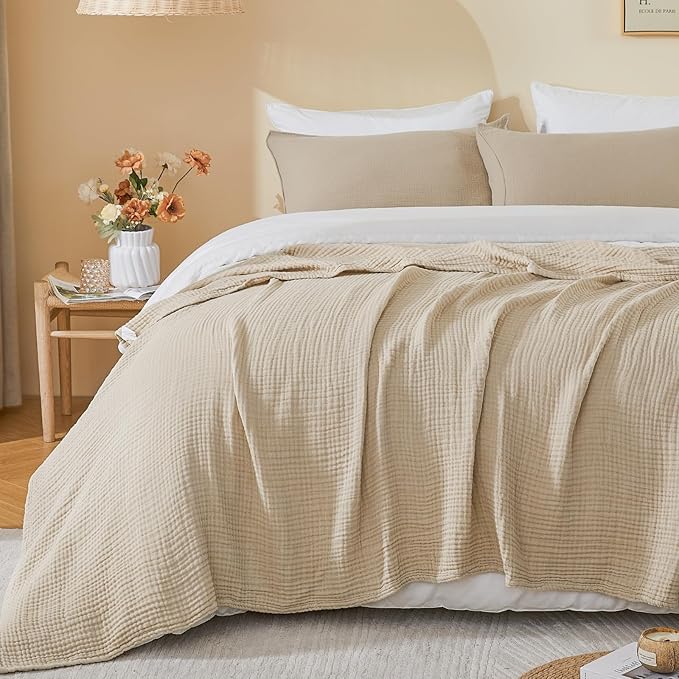 EMME Cotton Muslin Throw Blanket Couch Breathable Gauze Soft Lightweight Bed Blankets Adults (Heather Beige, 50"x60")