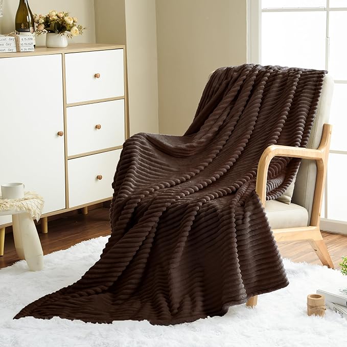 Vessia Flannel Fleece King Size Blanket(108x90 inch), 300GSM Cozy Brown Stripe Bed Blanket for Couch, Sofa and Bed, Warm and Soft Chocolate Microfiber Ribbed Decor for All Season