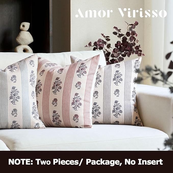 Amor Virisso Floral Throw Pillow Covers 18x18 Set of 2 Block Print Pillow Covers Neutral Floral Striped Farmhouse Decorative Pillow Covers for Sofa Couch Bed, Red