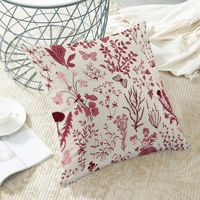 Christmas Pillow Covers 16x16 Inch Set of 2,Burgundy Red Wild Flower Plant Throw Pillows Case,Seasonal Floral Outdoor Decorative Square Linen Farmhouse Decor Cushion Covers for Home Sofa bed Couch