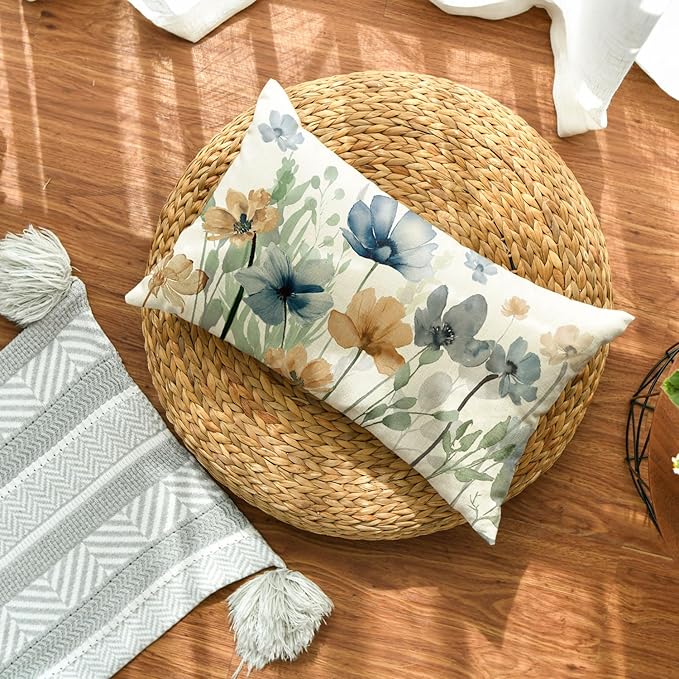 AVOIN colorlife Poppy Flowers Chinoiserie Spring Throw Pillow Cover, 12 x 20 Inch Light Brown Blue Seasonal Leaves Cushion Case Decoration for Sofa Couch Farmhouse