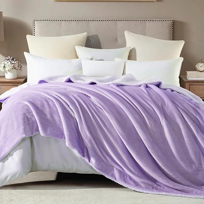 Mocassi Premium Ultra-Soft Flannel Fleece Sherpa Throw Blanket - Warm Cozy Reversible Plush Micromink Blanket for Couch, Bed and Sofa - Fluffy, Christmas Winter Bedding Gift, Queen, Lavender