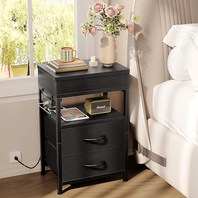 Nightstand Hidden Drawer Charging Table - Night Stand with Charger Station and Sliding Top Storage, Morden Bedside Table with 2 Fabric Drawers, for Dorm Living Room Bedroom, Black
