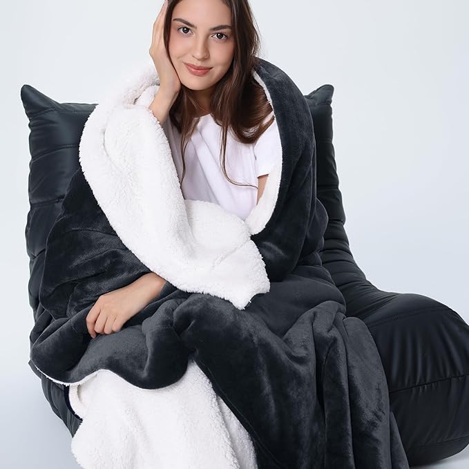 WDCOZY Sherpa Fleece Blankets Fuzzy Thick Warm Throw Blanket Super Soft Reversible Luxurious Fluffy Plush for Sofa Couch Bed Home Decor All Seasons Winter Blankets 108"x90" Charcoal Black