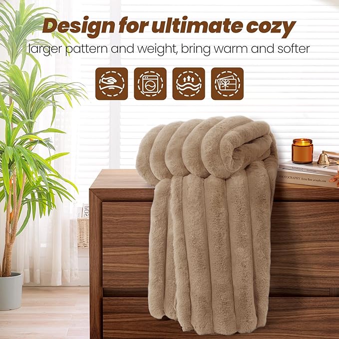 Faux Fur Twin Blanket for Couch,Cozy Soft Plush Thick Striped Luxury Blanket for Sofa Living Room Bedroom,60 * 80 Inches, Coffee
