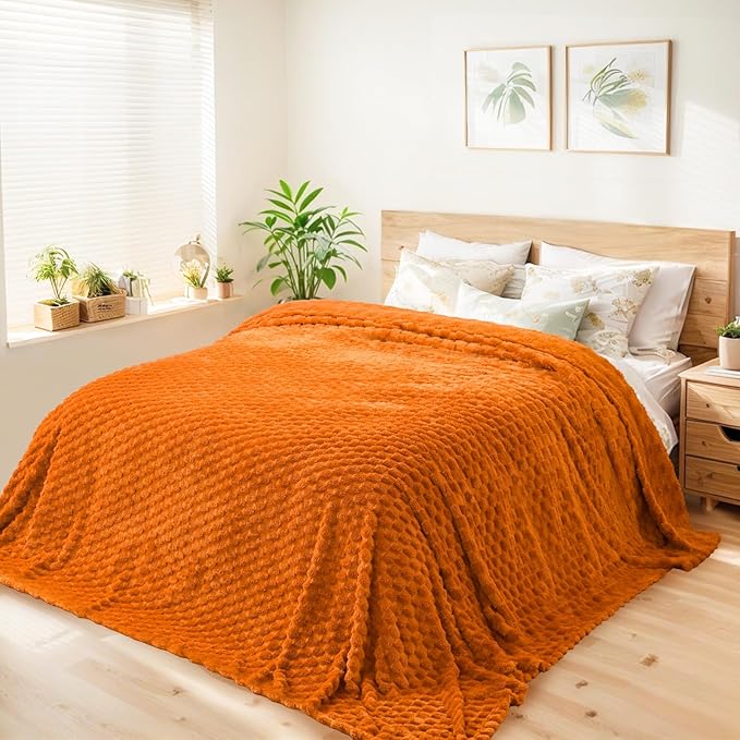 Vessia Flannel Fleece Queen Size Bed Blanket(90x90 inch), 3D Jacquard Burnt Orange Fuzzy and Warm Blanket for Adults, 300GSM Super Soft Touch Cozy Lightweight Home Decor for All-Season
