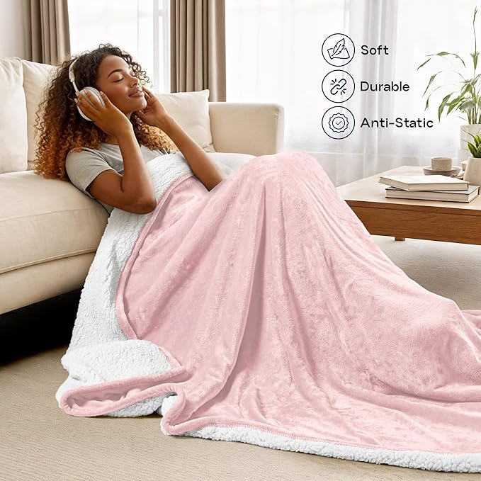 Utopia Bedding Sherpa Blanket Twin Size (Pink, 60x80 Inches) - Soft Lightweight Plush Fleece Reversible Winter Blanket for Bed, Sofa, Couch, Camping and Travel