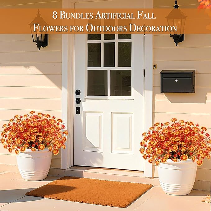 8 Bundles Artificial Daisy Flowers for Outdoors Spring Decor, UV Resistant Faux Cemetery Flowers Plastic Greenery Shrub Fake Flowers Plants Home Gardens Porch Planter Indoor Summer Fall Decor(Orange)