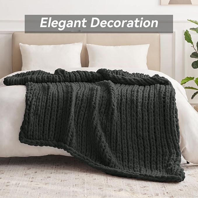 Chunky Knit Throw Blanket, 80''*90'' Knitted Throw Chenille Yarn for Bed Couch, Handmade Dark Grey Crochet Big Thick Blanket, Machine Washable Cute Comfy Blanket for Home Decor