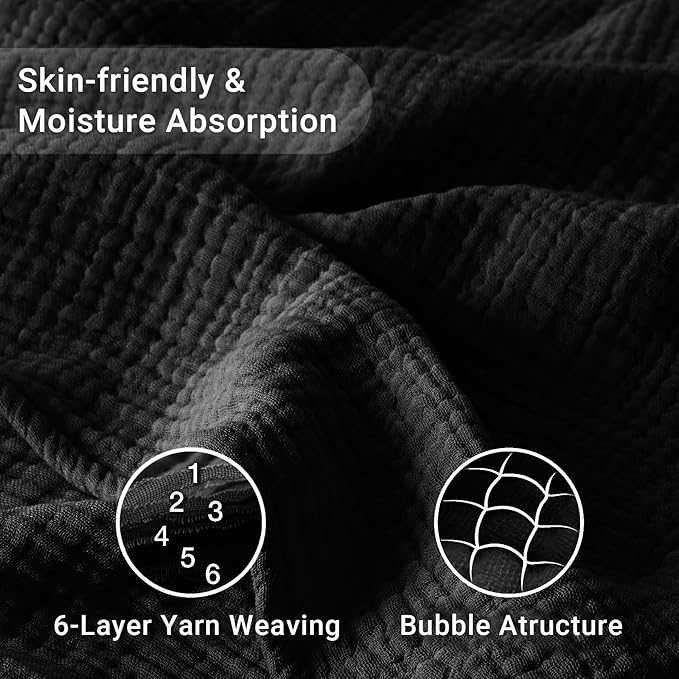 100% Cotton Muslin Blanket Large 50"x 70", 6 Layers Breathable and Lightweight Cotton Throw Blankets for Couch, Soft Cooling Summer Gauze Blanket for Adults All Season, Black