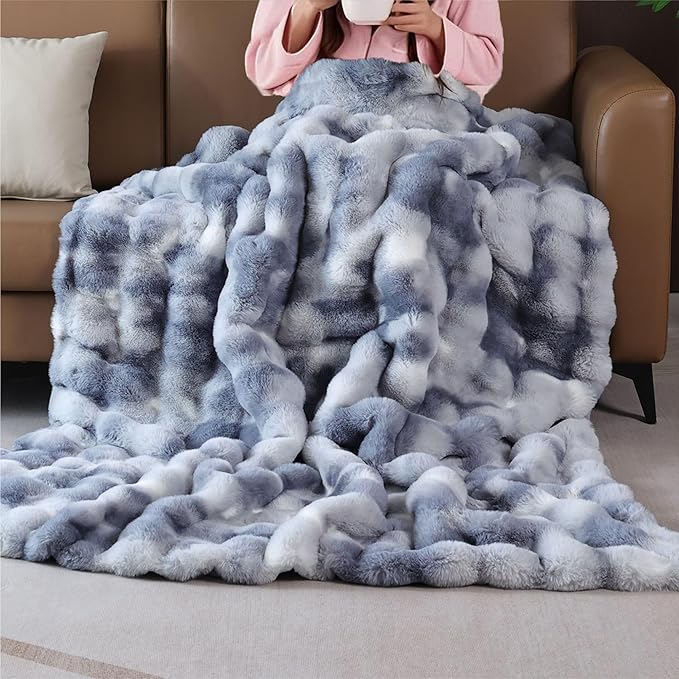 Tie-Dye Blue Faux Fur Throw Blanket for Couch, Double-Sided Bubble Textured Plush Throw with Soft Flannel Back, Machine Washable, 60 x 80, 860 GSM