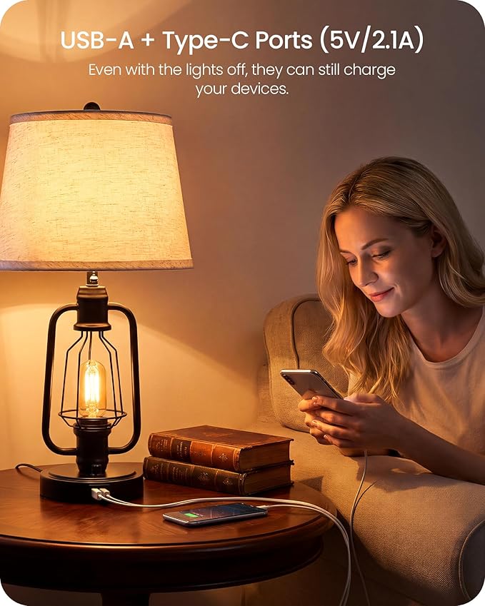 Farmhouse Table Lamps Set of 2, Industrial Bedside Table Lamps with USB Ports, Rustic Vintage Nightstand Desk Lamps for Living Room, Bedroom, 4 Bulbs Included, Beige and Black E14TLP205