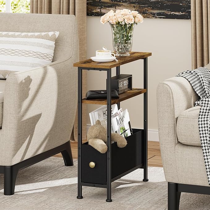Narrow Small Side Table, End Table with 1 Fabric Drawer and Storage Shelf, 3-Tier Skinny Nightstand, Slim Bedside Table for Living Room, Bedroom, Rustic Brown