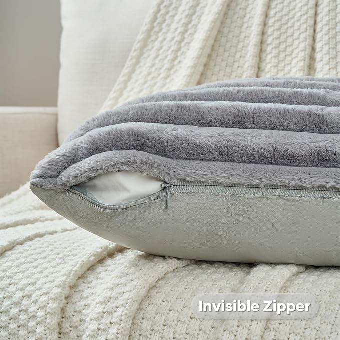 FUTEI Grey Decorative Throw Pillow Covers Set of 2, 18x18 Inch Soft Fluffy Faux Fur Plush Striped Cushion Cases, Modern Home Decor for Couch Bed Living Room
