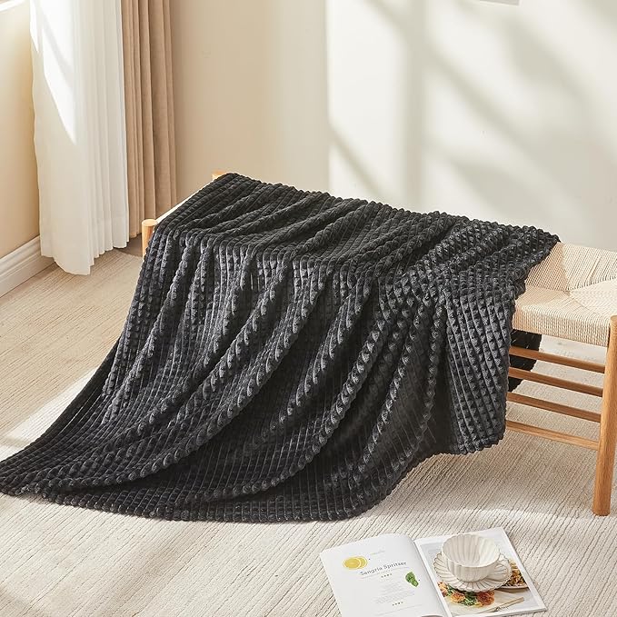 EMME Fleece Blanket, 3D Jacquard Throw Blanket for Couch and Bed, Soft Cozy and Fluffy Blankets Lightweight Luxury Flannel with Geometric Grid Design (Black, 80" x 90")