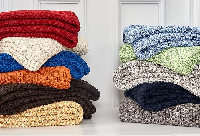 Longhui bedding Blue Knitted Throw Blanket for Couch, Soft, Cozy Machine Washable 100% Cotton Sofa Knit Blankets, Heavy 4.0lb Weight, 60 x 80 Inches, Laundry Bag Included