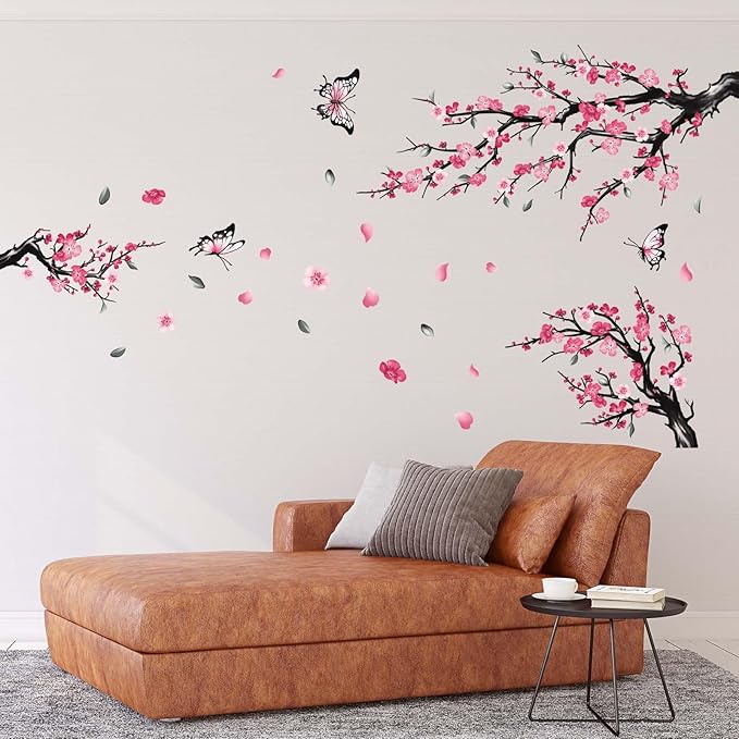 Pink Watercolor Cherry Blossom Flower Wall Stickers - Tree Branch Birds Floral Cherry Blossom Wall Decals - Living Room Bedroom TV Sofa Background Family Wall Decor