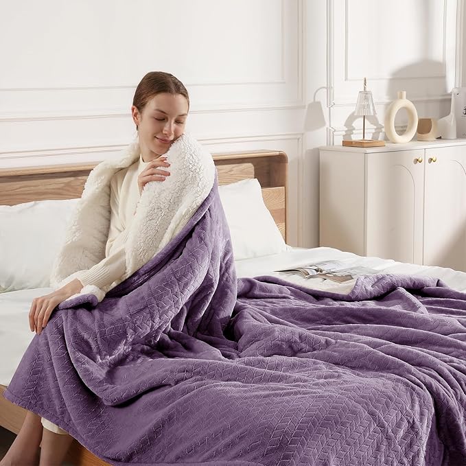 Electric Blanket Queen 84"x90" Heated Blanket Queen Size Dual Control Wheat Pattern Ultra-soft Flannel & Thick Sherpa with 5 Heat Settings & 10H Auto Off, FCC/ETL Certified, Machine Washable, Lavender