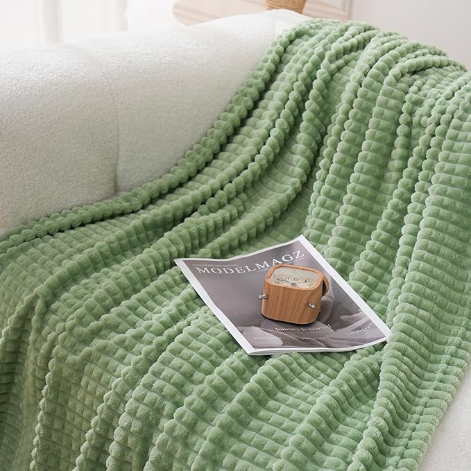 Puncuntex Flannel Fleece Throw Blanket Sage Green 60"×80",Super Soft Plush Cozy Blanket with Square Grid Design Luxury for Couch Sofa Chair