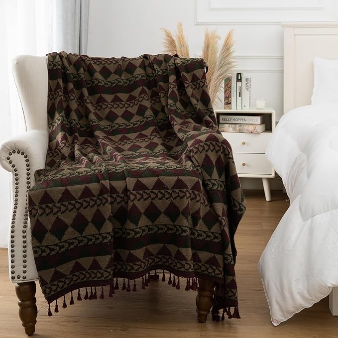 Gealaek Boho Throw Blanket Lightweight Soft Cozy Decorative Blankets for Sofa Bed Farmhouse Throw Blanket Aztec Blanket with Tassel Khaki Olive Wine Checkered 50" x 60"