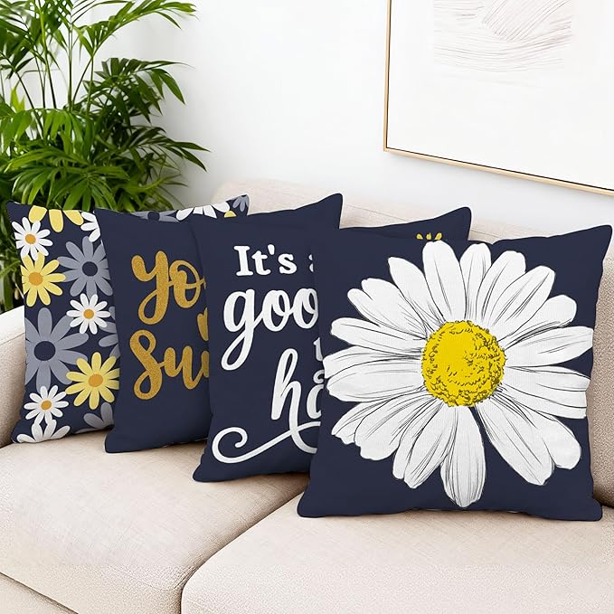 Hexagram Spring Summer Pillow Covers 16x16 Set of 4, Outdoor Floral Daisy Decorative Dark Blue Throw Pillow Covers, You are My Sunshine Farmhouse Cushion Case for Couch Sofa Indoor Decor(No Insert)