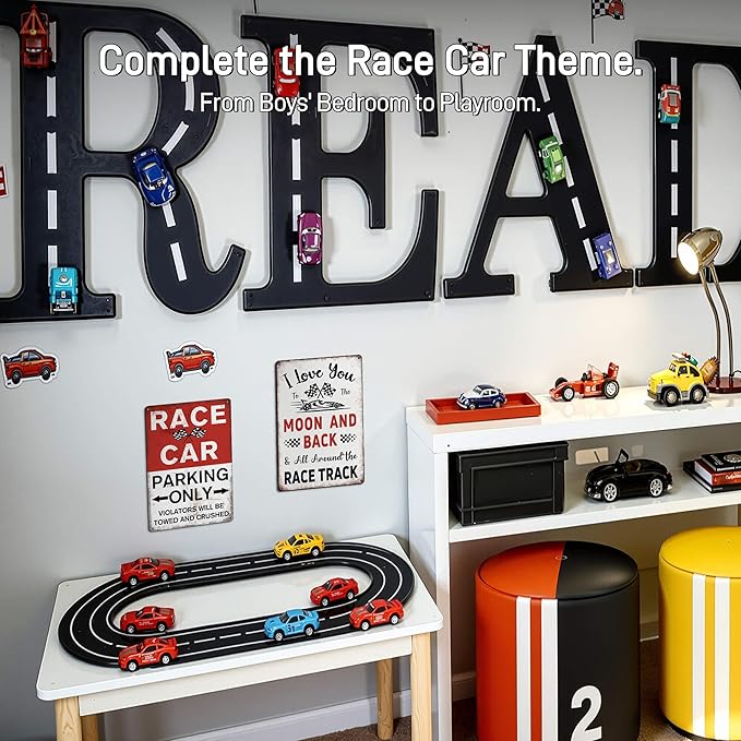 Race Car Room Decor for Boys - "I Love You To The Moon And Back" Vintage Metal Sign 12x8 Inch, Racing Car F1 Wall Art for Kids Room Nursery Garage Man Cave Bedroom