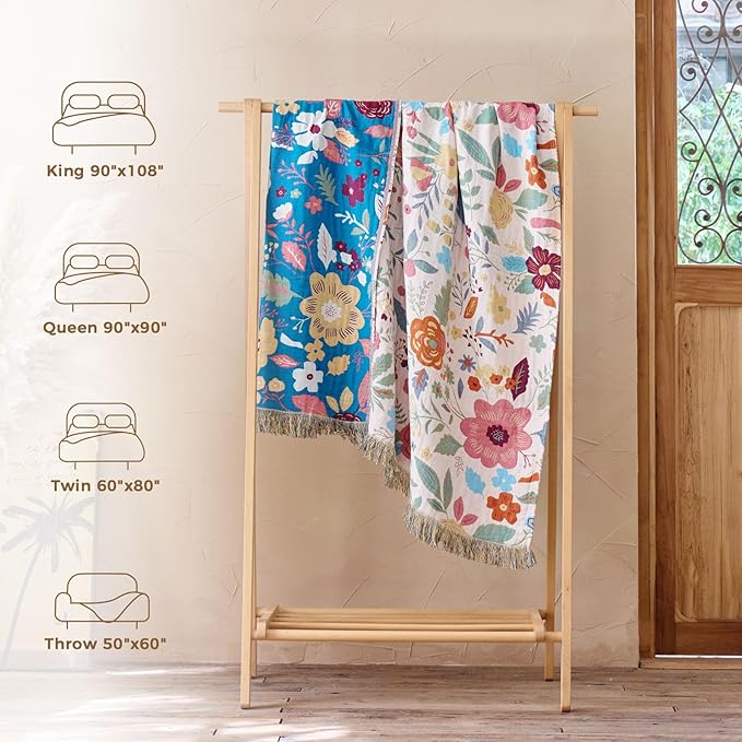 Boho Throw Blanket for Couch Sofa Chair Cotton Spring Blankets for Bedroom Living Room All Season Soft Lightweight Reversible Floral Embroidery Throws 50"x60" Bohemian Room Decor