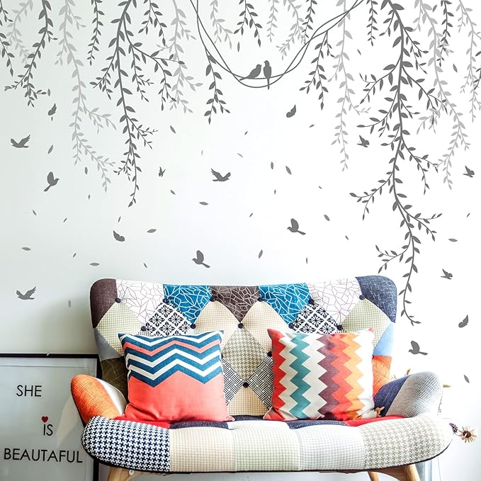 Hanging Willow Branch Wall Stickers DIY Grey Vine Leaf Plant Wall Decals Peel and Stick Grass Birds Butterfly Art Mural Decortions for Kids Baby Girls Nursery Bedroom Living Room Offices Classroom