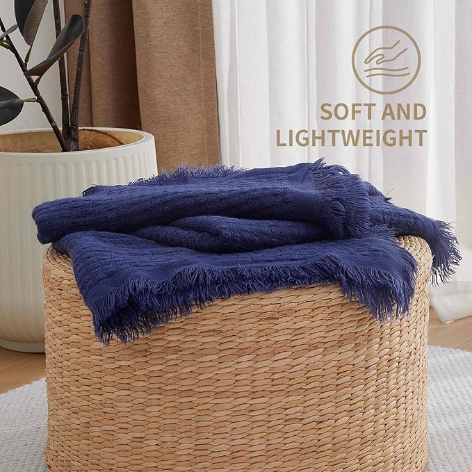 100% Acrylic Decorative Knitted Throw Blanket with Tassels for Bed, Couch, Small, Chairs, Lightweight, Soft, Cozy, Waffle Textured Blanket, Suitable for Spring, Summer, Navy, 50"x60"
