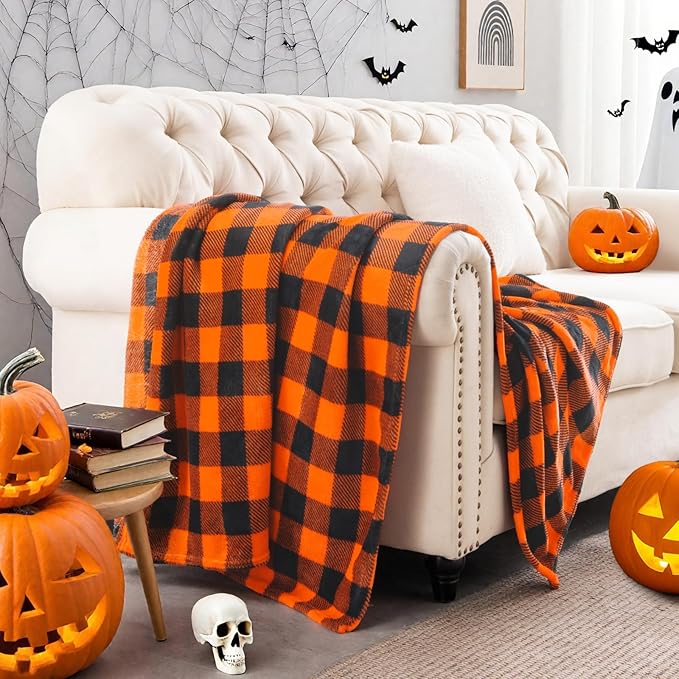 BEDELITE Halloween Blanket for Decor & Gift, Orange and Black Buffalo Plaid Throw Blanket for Couch, Soft & Warm Fleece Throw for Women Men, 50"x60"
