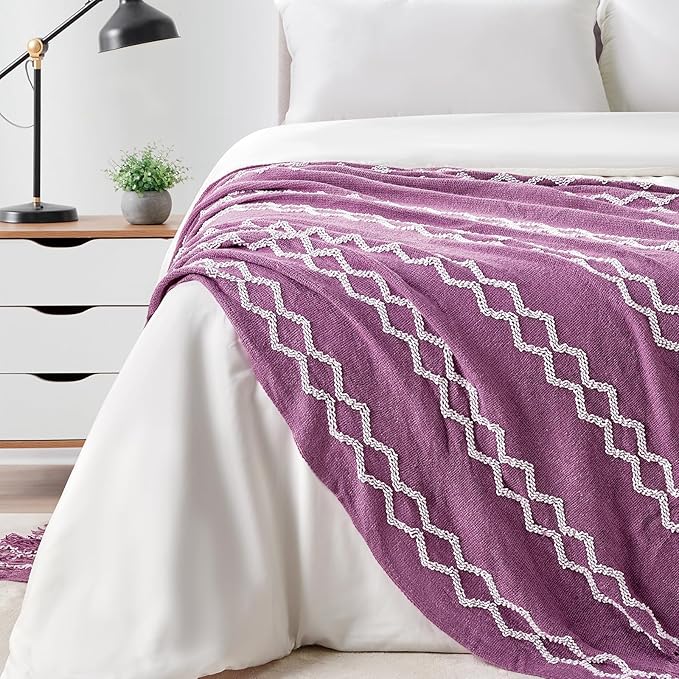 BOURINA Fluffy Chenille Knitted Fringe Throw Blanket Lightweight Soft Cozy for Bed Sofa Chair Throw Blankets Deep Purple 50" x 60"